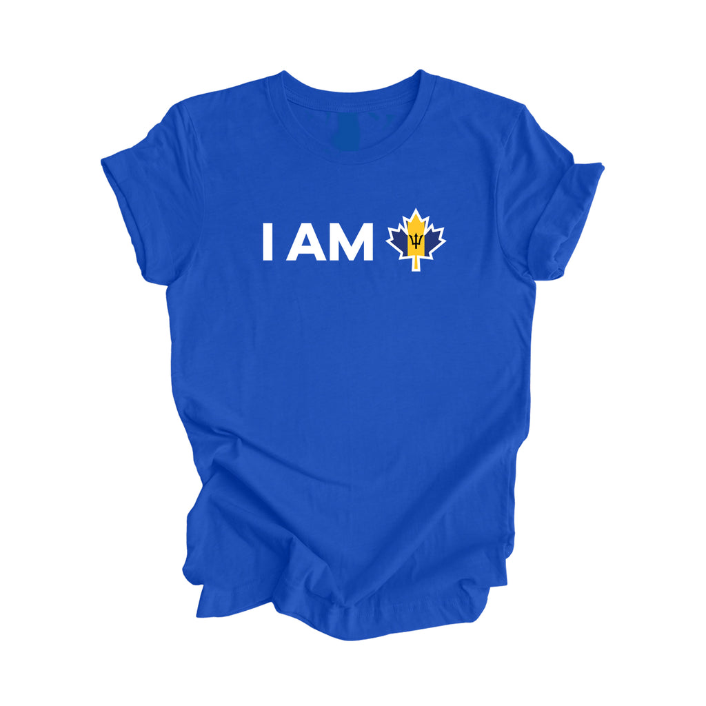 I Am Canada - Canadian Maple Leaf with Barbados Flag, Canadian Gift T-Shirt, Barbados Present, National Flag Tee Shirt - Inspired X