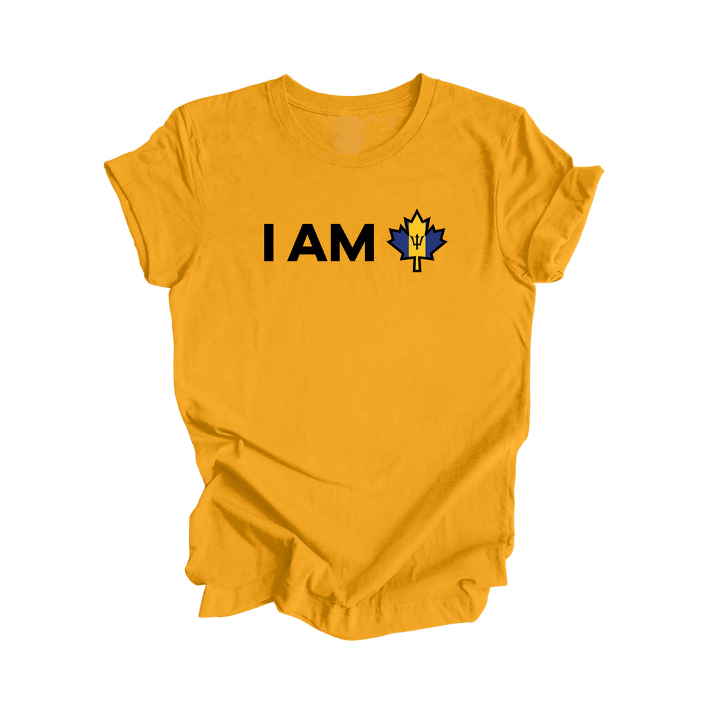 I Am Canada - Canadian Maple Leaf with Barbados Flag, Canadian Gift T-Shirt, Barbados Present, National Flag Tee Shirt - Inspired X