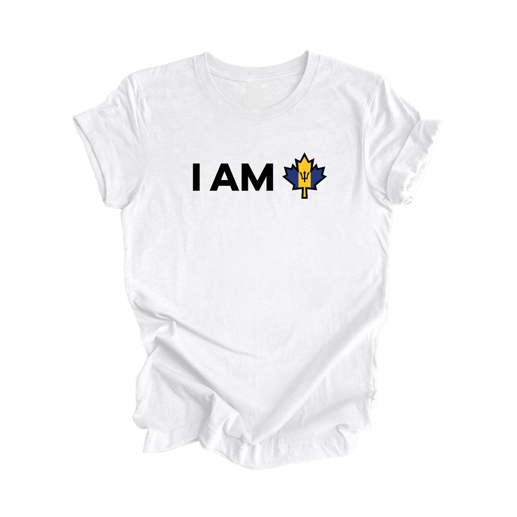 I Am Canada - Canadian Maple Leaf with Barbados Flag, Canadian Gift T-Shirt, Barbados Present, National Flag Tee Shirt - Inspired X