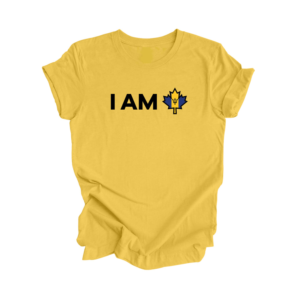 I Am Canada - Canadian Maple Leaf with Barbados Flag, Canadian Gift T-Shirt, Barbados Present, National Flag Tee Shirt - Inspired X