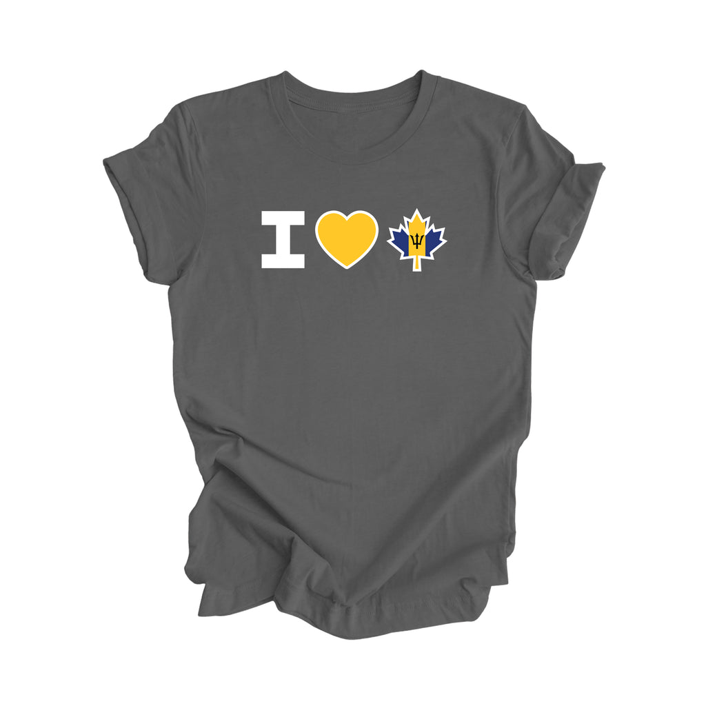 I Love Canada - Canadian Maple Leaf with Barbados Flag, Canadian Gift T-Shirt, Bajan Present, National Flag Tee Shirt - Inspired X