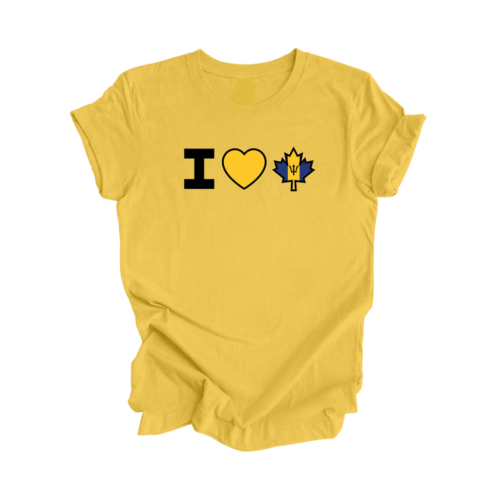 I Love Canada - Canadian Maple Leaf with Barbados Flag, Canadian Gift T-Shirt, Bajan Present, National Flag Tee Shirt - Inspired X