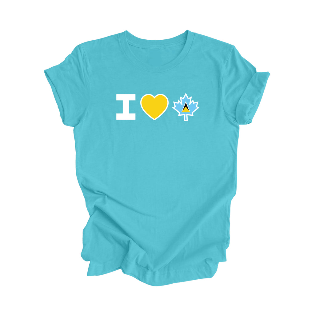 I Love Canada - Canadian Maple Leaf with Saint Lucia Flag, Canadian Gift T-Shirt, Saint Lucian Present, National Flag Tee Shirt - Inspired X