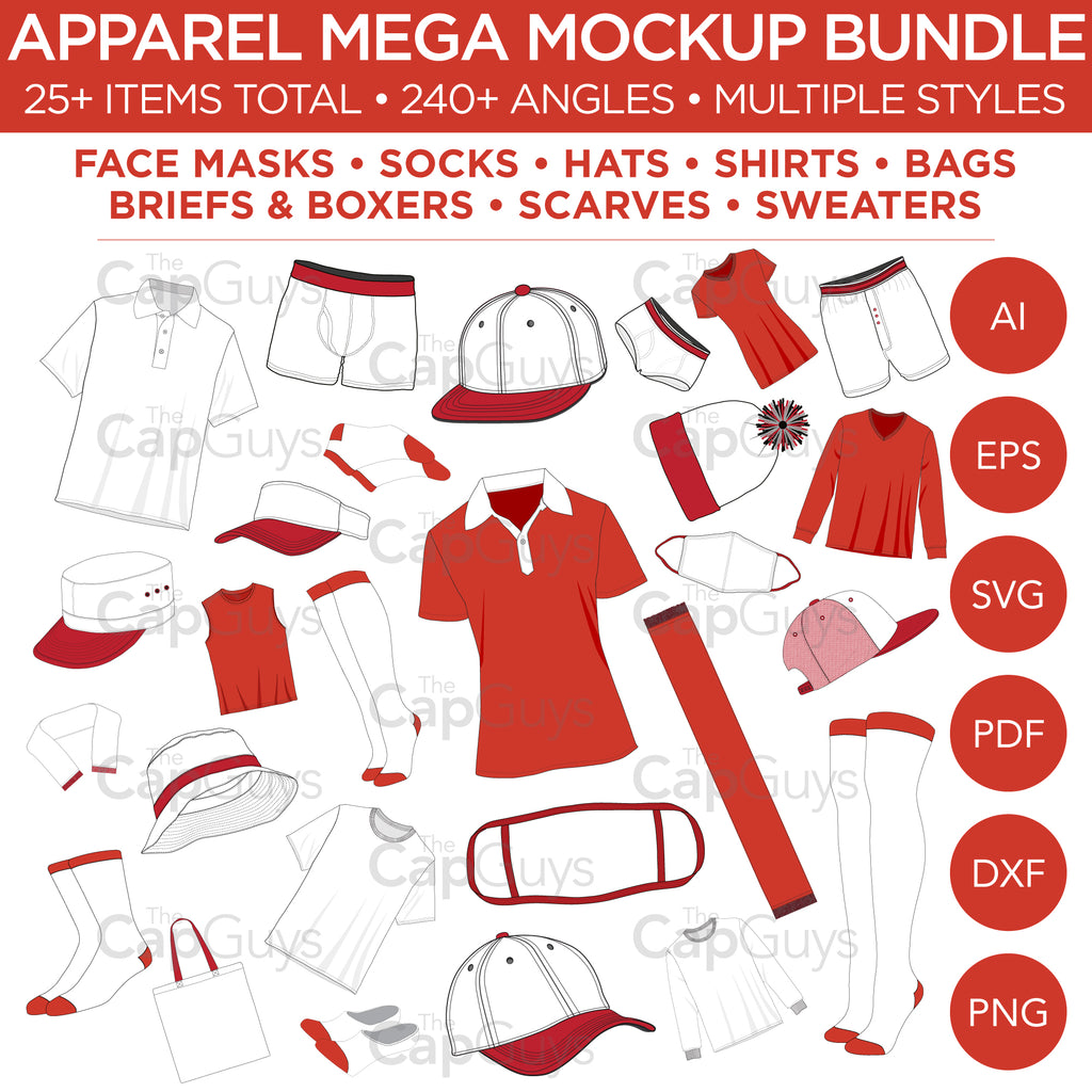 Apparel Mega Bundle - Mockup and Template - 25+ Apparel Total Files, 240+ Angles, Multiple Styles, Layered, Detailed and Editable Vectors in EPS, SVG, AI, PNG, DXF and PDF